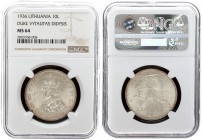 Lithuania 10 Litų 1936 Averse: National arms. Reverse: Vytautas the Great left. Edge Description: VIENYBEJE TAUTOS JEGA. Silver. KM 83. NGC MS 64