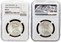 Lithuania 10 Litų 1936 Averse: National arms. Reverse: Vytautas the Great left. Edge Description: VIENYBEJE TAUTOS JEGA. Silver. KM 83. NGC MS 63