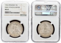 Lithuania 10 Litų 1936 Averse: National arms. Reverse: Vytautas the Great left. Edge Description: VIENYBEJE TAUTOS JEGA. Silver. KM 83. NGC MS 63