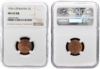 Lithuania 2 Centai 1936 Averse: National arms. Reverse: Large value divides date within wreath. Edge Description: Plain. Bronze. KM 80 NGC MS 65 RB