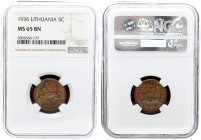 Lithuania 5 Centai 1936 Averse: National arms. Reverse: Large value within wreath date on top. Edge Description: Plain. Bronze. KM 81. NGC MS 65 BN