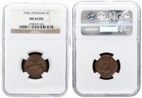 Lithuania 5 Centai 1936 Averse: National arms. Reverse: Large value within wreath date on top. Edge Description: Plain. Bronze. KM 81. NGC MS 64 BN