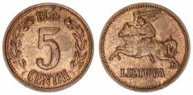 Lithuania 5 Centai 1936 Averse: National arms. Reverse: Large value within wreath date on top. Edge Description: Plain. Bronze. ERROR (Double die on A...