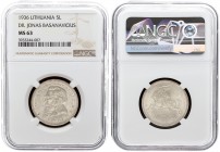 Lithuania 5 Litai 1936 Averse: National arms. Reverse: Dr. Jonas Basanavicius left. Edge Description: TAUTOS GEROVE TAVO GEROVE. Silver. KM 82. NGC MS...