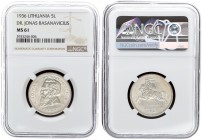 Lithuania 5 Litai 1936 Averse: National arms. Reverse: Dr. Jonas Basanavicius left. Edge Description: TAUTOS GEROVE TAVO GEROVE. Silver. KM 82. NGC MS...