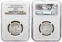 Lithuania 5 Litai 1936 Averse: National arms. Reverse: Dr. Jonas Basanavicius left. Edge Description: TAUTOS GEROVE TAVO GEROVE. Silver. KM 82. NGC MS...