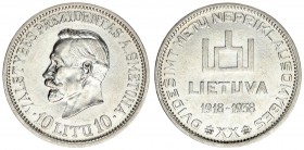 Lithuania 10 Litų 1938 20th Anniversary of Republic(1918-1938). Averse: Columns of Gediminas above LIETUVA and dates 1918-1938. Reverse: President Ant...