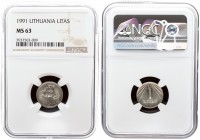 Lithuania 1 Litas 1991 Averse: National arms. Reverse: Value with lines above. Edge Description: Reeded. Copper-Nickel. KM 91. NGC MS 63