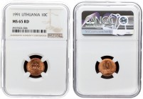 Lithuania 10 Centų 1991 Averse: National arms. Reverse: Value. Bronze. KM 88. NGC MS 65 RD