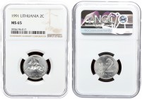 Lithuania 2 Centai 1991 Averse: National arms. Reverse: Large value to right of design. Aluminum. KM 86. NGC MS 65