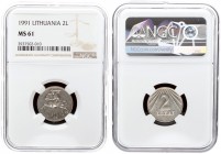 Lithuania 2 Litai 1991 Averse: National arms. Reverse: Value within design. Edge Description: Reeded. Copper-Nickel. KM 92. NGC MS 61