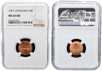 Lithuania 20 Centų 1991 Averse: National arms. Reverse: Value. Bronze. KM 89. NGC MS 65 RD