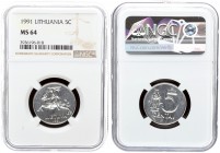 Lithuania 5 Centai 1991 Averse: National arms. Reverse: Large value to right of artistic design on pole flanked by men blowing horns. Aluminum. KM 87....