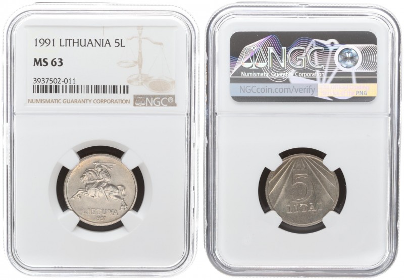 Lithuania 5 Litai 1991 Averse: National arms. Reverse: Value within design. Edge...