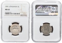 Lithuania 5 Litai 1991 Averse: National arms. Reverse: Value within design. Edge Description: Reeded. Copper-Nickel. KM 93. NGC MS 63