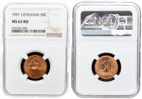 Lithuania 50 Centų 1991 Averse: National arms. Reverse: Value. Bronze. KM 90. NGC MS 63 RD