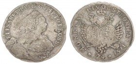 Russia Livonia 24 Kopecks 1757 Elizabeth (1741-1762); Moscow "Livonaises" Russia For Livonia. Silver. Edge patterned. Silver. Bit. 636