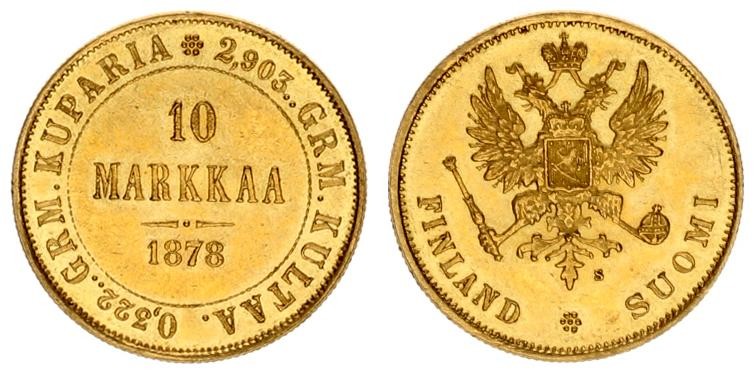 Russia for Finland 10 Markkaa 1878 S Alexander II (1854-1881). Averse: Crowned i...