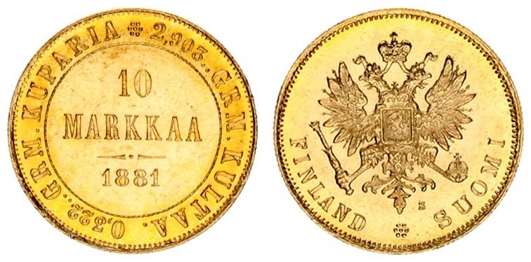 Russia for Finland 10 Markkaa 1881 S Alexander II (1854-1881). Averse: Crowned i...