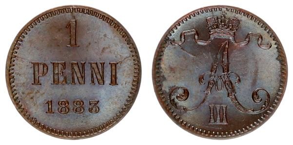 Russia For Finland 1 Penni 1883. Alexander III (1881-1894). Averse: Crowned mono...