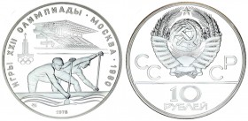 Russia U.S.S.R. 10 Roubles 1978(L) 1980 Olympics. Averse: National arms divide CCCP with value below. Reverse: Canoeing. Silver. Y 159