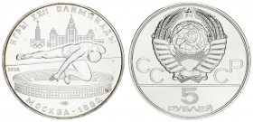 Russia U.S.S.R. 5 Roubles 1978(L) 1980 Olympics. Averse: National arms divide CCCP with value below. Reverse: High jumping. Silver. Y 156