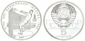 Russia U.S.S.R. 5 Roubles 1979(m) 1980 Olympics. Averse: National arms divide CCCP with value below. Reverse: Hammer throw. Silver.Y 167