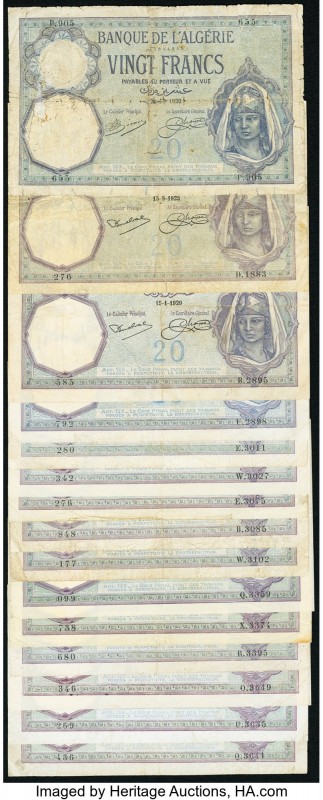 Algeria Banque de l'Algerie 20 Francs 1920-1942 Pick 78 Lot of 15 Examples Good-...