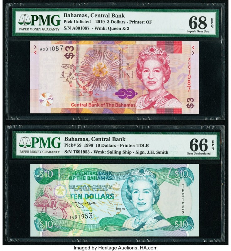 Bahamas Central Bank 10 Dollars 1996 Pick 59 PMG Gem Uncirculated 66 EPQ. Bahama...