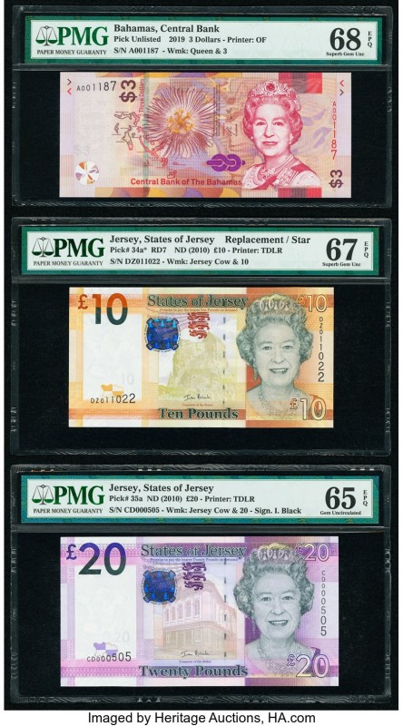 Bahamas Central Bank 3 Dollars 2019 Pick UNL PMG Superb Gem Unc 68 EPQ; Jersey S...