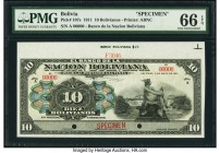 Bolivia Banco de la Nacion Boliviana 10 Bolivianos 11.5.1911 Pick 107s Specimen PMG Gem Uncirculated 66 EPQ. Two POCs; red Specimen overprint.

HID098...