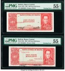 Printing Error Bolivia Banco Central 100 Pesos Bolivianos 1962 Pick 163a Two Examples PMG About Uncirculated 55 EPQ; About Uncirculated 55. Staple hol...
