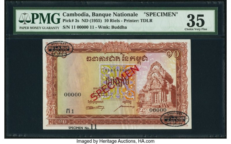 Cambodia Banque Nationale 10 Riels ND (1955) Pick 3s Specimen PMG Choice Very Fi...