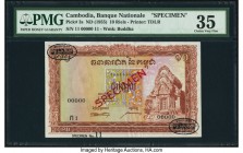 Cambodia Banque Nationale 10 Riels ND (1955) Pick 3s Specimen PMG Choice Very Fine 35. Red Specimen overprints; black TDLR overprints.

HID09801242017...