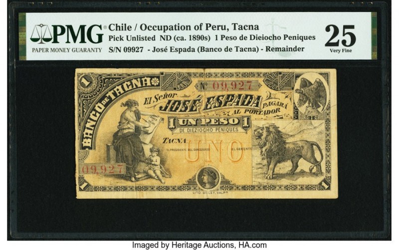 Chile Jose Espada (Banco Tacna) 1 Peso de Dieiocho Peniques ND (ca. 1890s) Pick ...
