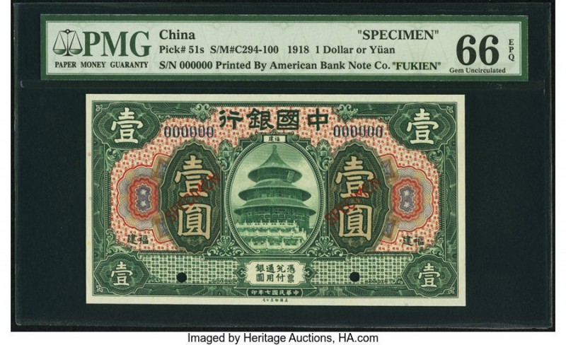 China Bank of China, Fukien 1 Dollar or Yuan 9.1918 Pick 51s S/M#C294-100 PMG Ge...