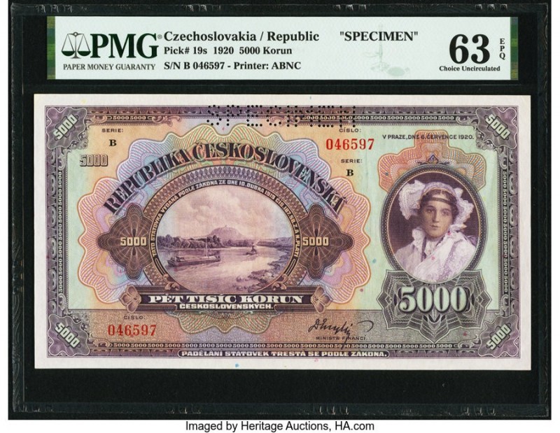 Czechoslovakia Republic of Czechoslovakia 5000 Korun 1920 Pick 19s Specimen PMG ...