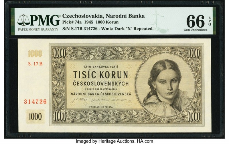 Czechoslovakia Narodni Banka Ceskoslovenska 1000 Korun 1945 Pick 74a PMG Gem Unc...