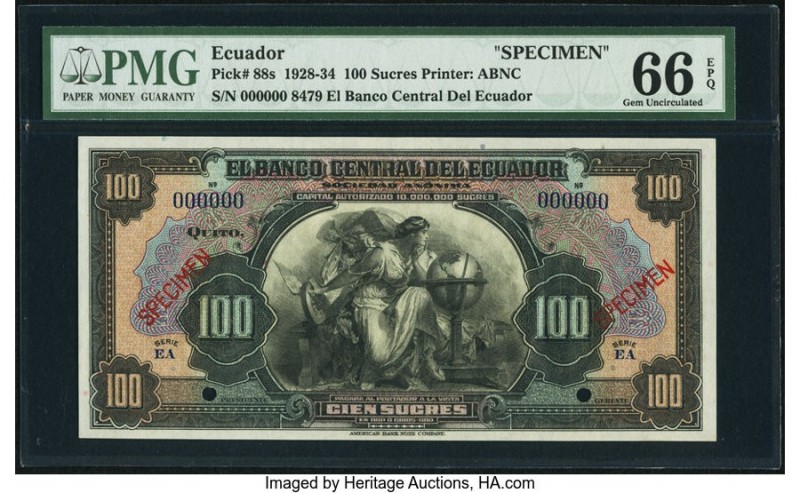 Ecuador Banco Central del Ecuador 100 Sucres 1928-34 Pick 88s Specimen PMG Gem U...