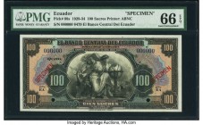 Ecuador Banco Central del Ecuador 100 Sucres 1928-34 Pick 88s Specimen PMG Gem Uncirculated 66 EPQ. Two POCs; red Specimen overprints.

HID09801242017...