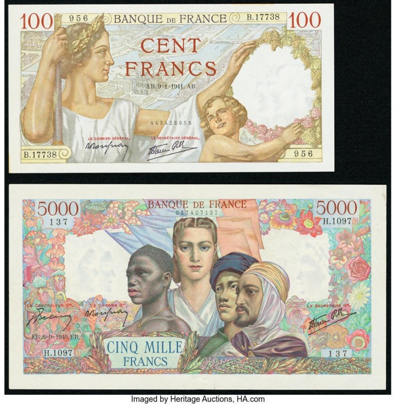 France Banque de France 100; 5000 Francs 9.1.1941; 6.9.1945 Pick 94; 103c Two Ex...