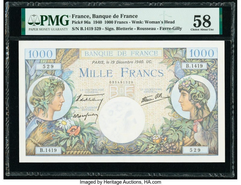France Banque de France 1000 Francs 19.12.1940 Pick 96a PMG Choice About Unc 58....