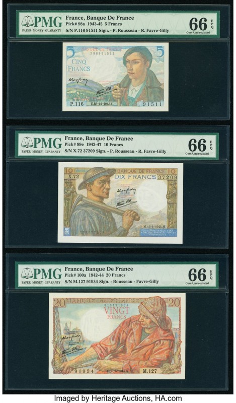 France Banque de France 5; 10; 20 Francs 1943-45; 1942-47; 1942-44 Pick 98a; 99e...