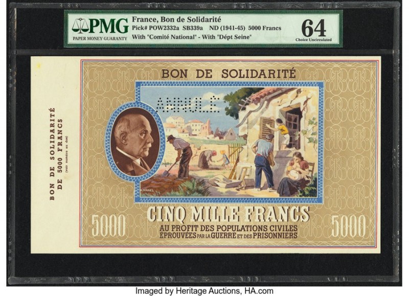 France Vichy Government Bon de Solidarite 5000 Francs ND (1940) Pick POW2332a Sc...