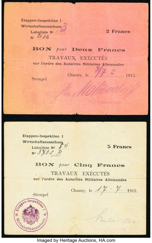 France / Germany, Chauny WWI MPC Group Lot of 2 Examples Fine or Better. 

HID09...
