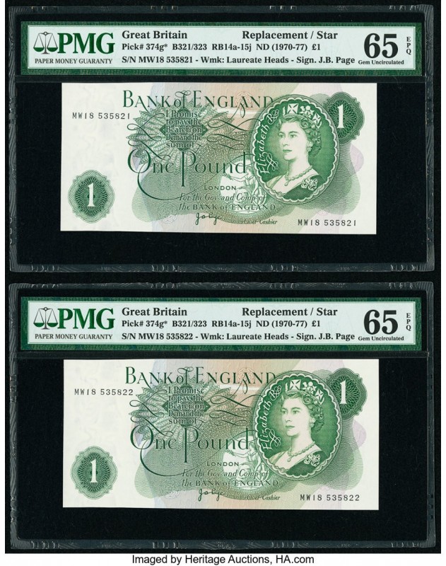 Great Britain Bank of England 1 Pound ND (1970-77) Pick 374g* Two Consecutive Re...