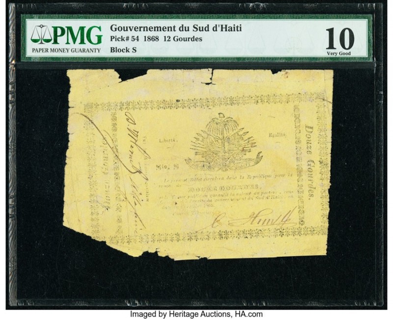 Haiti Government of South Haiti 12 Gourdes 1868 Pick 54 PMG Very Good 10. Edge d...