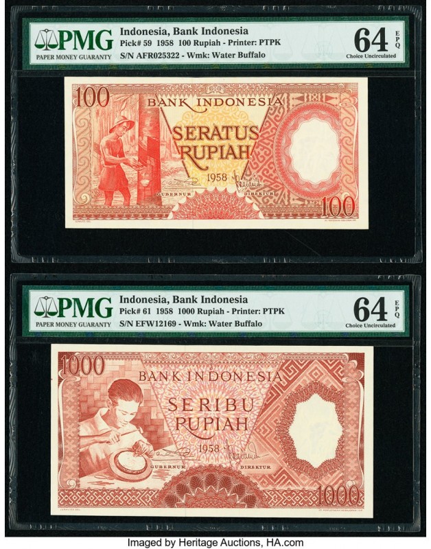 Indonesia Bank Indonesia 100; 1000 Rupiah 1958 Pick 59; 61 Two Examples PMG Choi...