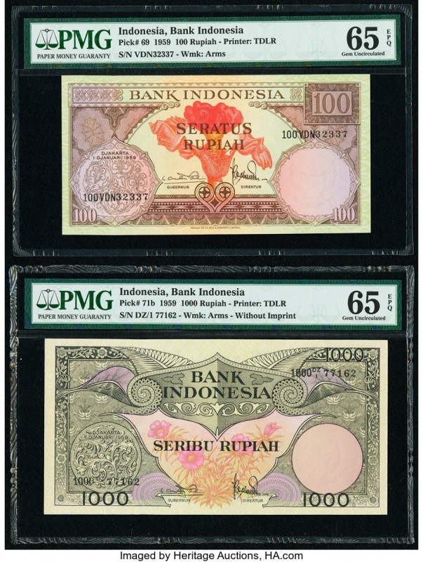 Indonesia Bank Indonesia 100; 1000 Rupiah 1.1.1959 Pick 69; 71b Two Examples PMG...