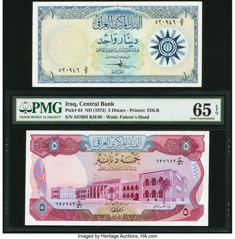 Iraq Central Bank of Iraq 1; 5 Dinars ND (1959); ND (1973) Pick 53a; 64 Two Exam...